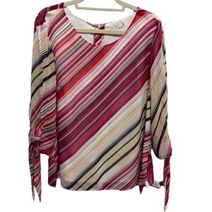 Pale Sky - Striped, Blouse, button down Back, open sleeves, with tie, Size XL